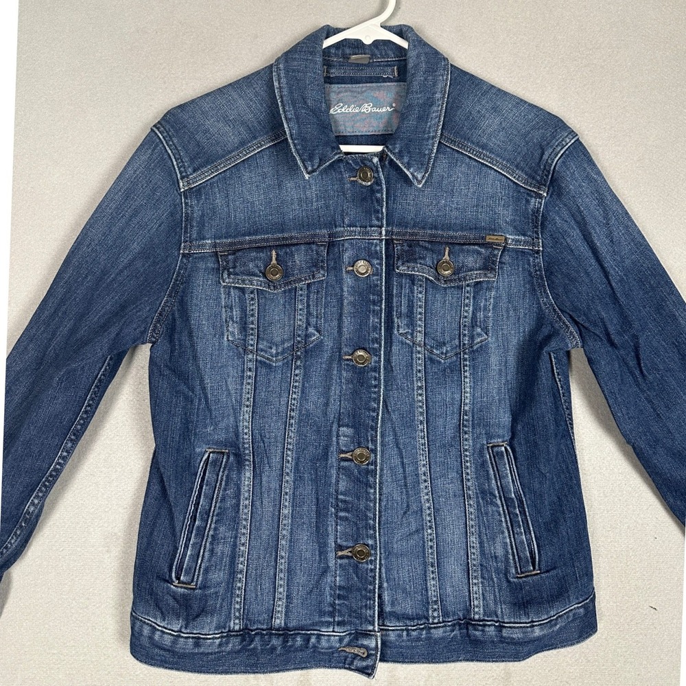 Eddie Bauer Jacket Womens Large Trucker Blue Stretch Denim Distressed Jean EUC